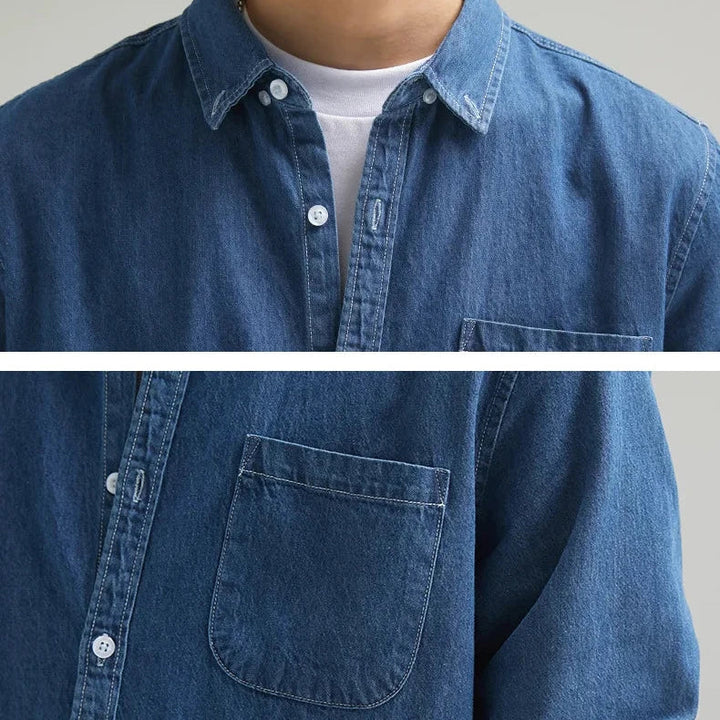 Men's casual blue denim button-up shirt. Classic long sleeve style for everyday comfort & versatile outfits.