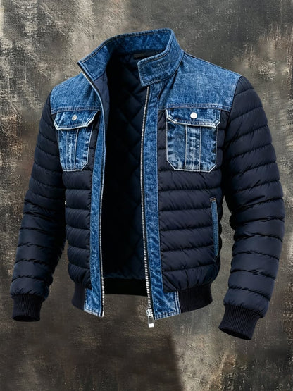 Men's classic blue insulated winter jacket for versatile everyday style. Warm, windproof outerwear for cold weather.