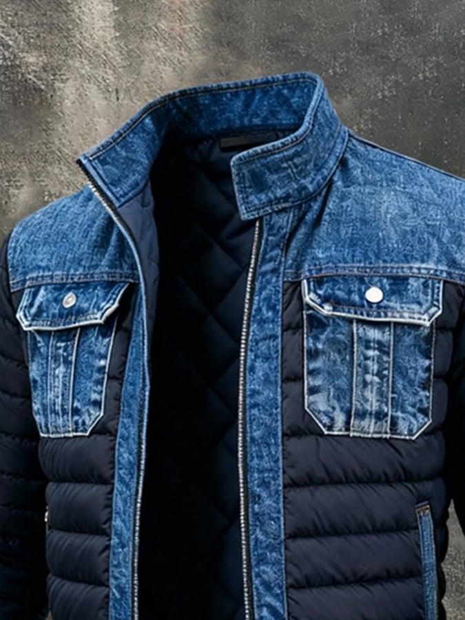 Windproof men's classic blue winter jacket. Insulated outerwear for warmth & versatile everyday cold weather style.