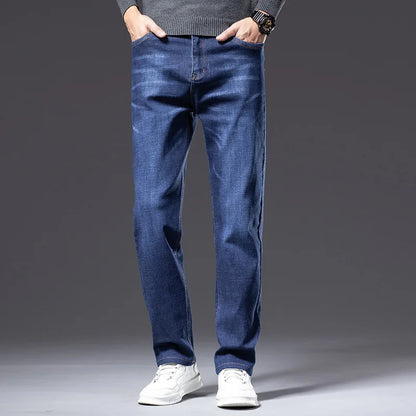 Men's classic blue stretch denim jeans, comfort fit, wrinkle resistant cotton blend for casual wear.