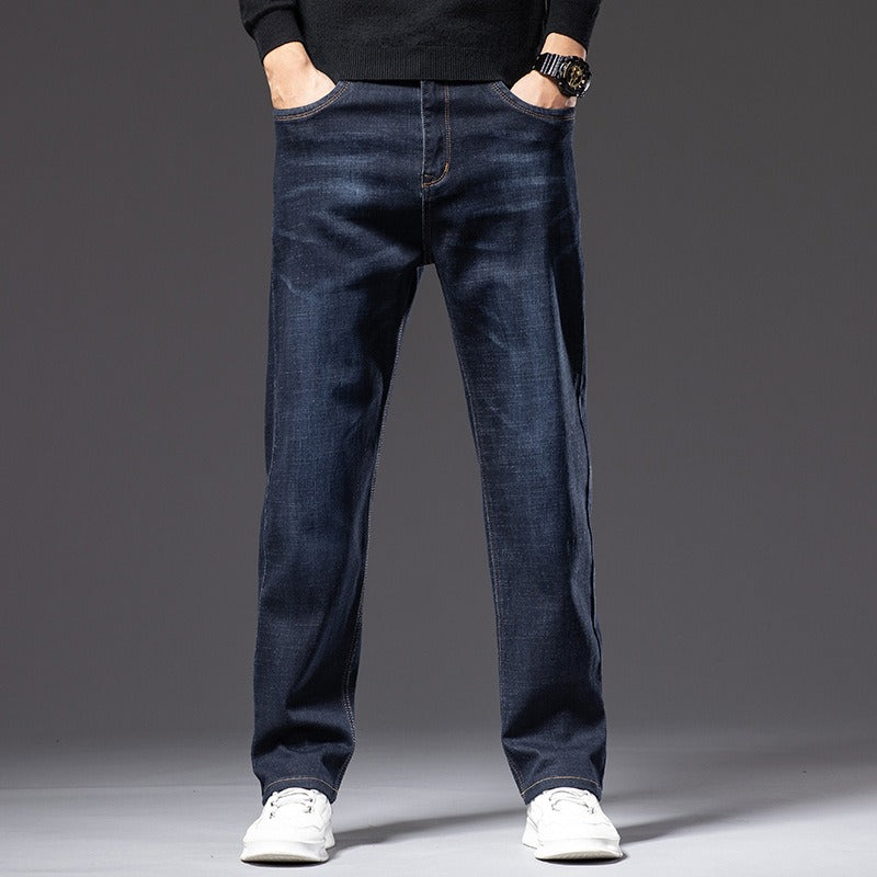 Men's casual stretch denim jeans, classic blue, ultimate comfort fit, cotton blend, wrinkle resistant.