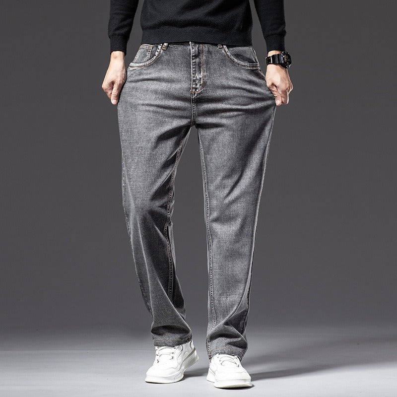 Black men's stretch denim jeans, ultimate comfort fit, durable cotton blend, perfect for everyday style.