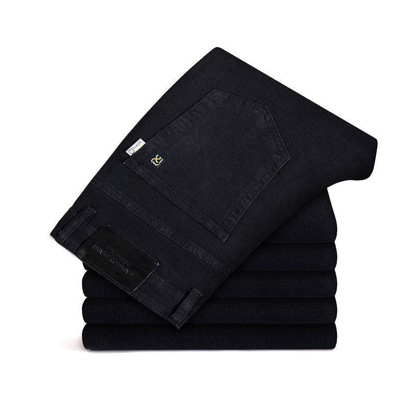 Men's comfort fit stretch denim jeans, classic blue, wrinkle resistant, ideal for active lifestyles.