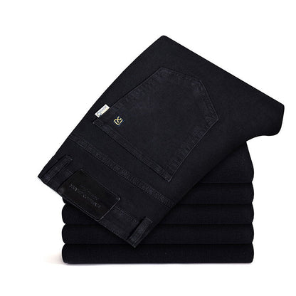 Men's comfort fit stretch denim jeans, classic blue, wrinkle resistant, ideal for active lifestyles.