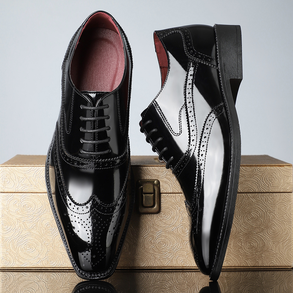 Side view of men's classic brogue dress shoes, polished leather, wingtip detailing for sophisticated style.
