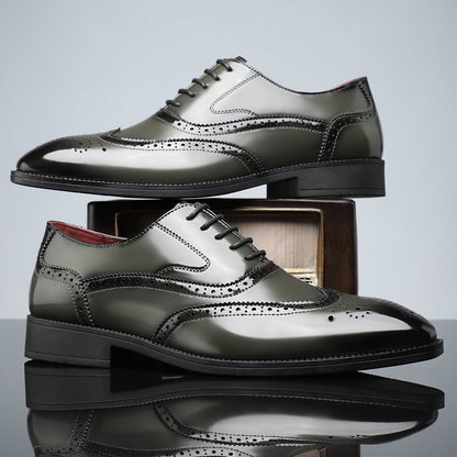 Men's classic brogue dress shoes completing a sophisticated formal outfit, offering elegance & all-day comfort.