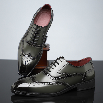 High-angle shot of men's classic brogue dress shoes, polished finish, elegant wingtip detail & comfort.