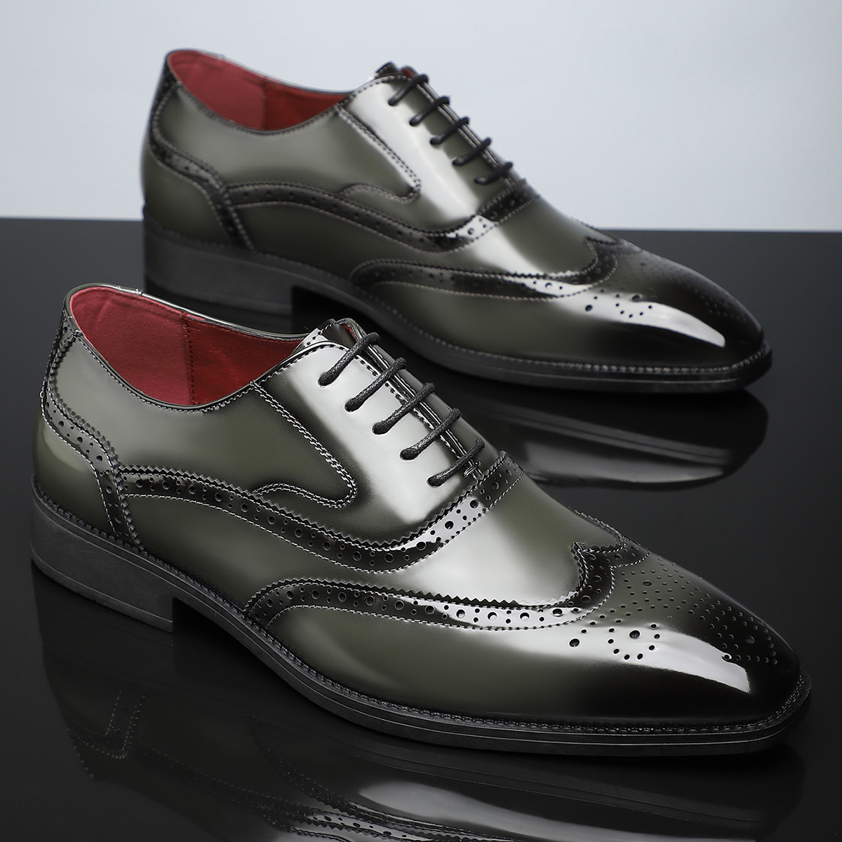 Premium polished leather men's classic brogue dress shoes, wingtip, for sophisticated formal wear & comfort.