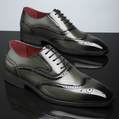 Premium polished leather men's classic brogue dress shoes, wingtip, for sophisticated formal wear & comfort.