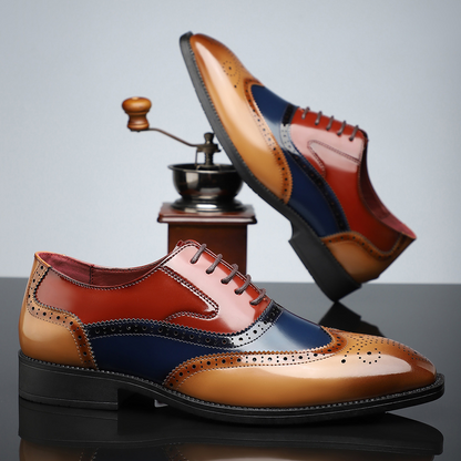 Classic men's brogue wingtip dress shoes in polished leather for sophisticated formal occasions and office wear.