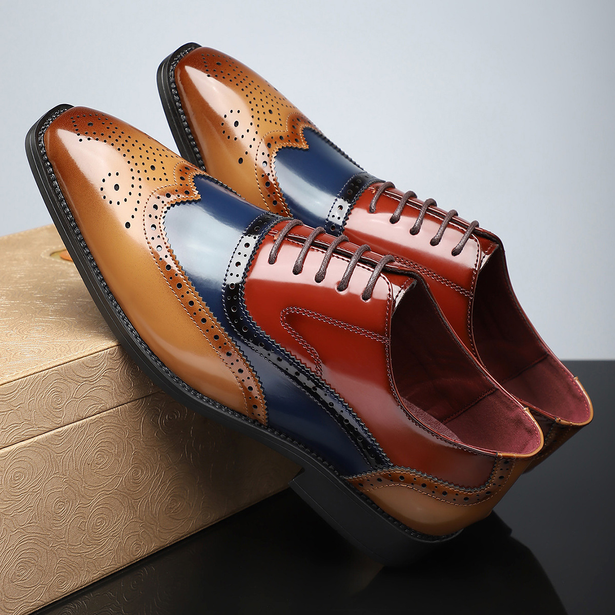 Polished leather men's classic brogue dress shoes, wingtip, offering elegant and sophisticated style for formal settings.