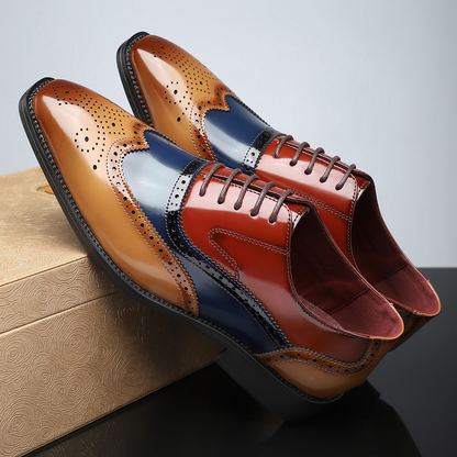 Polished leather men's classic brogue dress shoes, wingtip, offering elegant and sophisticated style for formal settings.