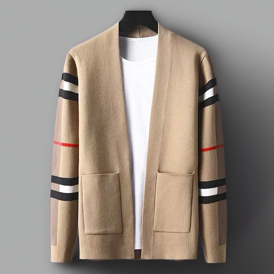 Men's classic brown knit cardigan sweater, perfect for stylish autumn & winter layering, comfortable & versatile.