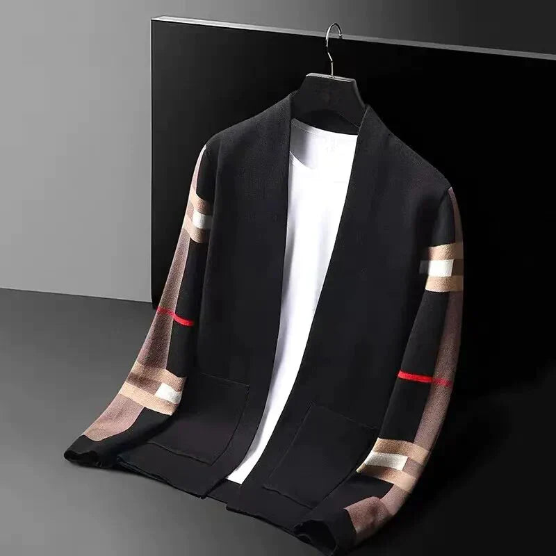 Black men's knit cardigan, a classic sweater for casual or stylish layering, essential versatile cold weather wear.