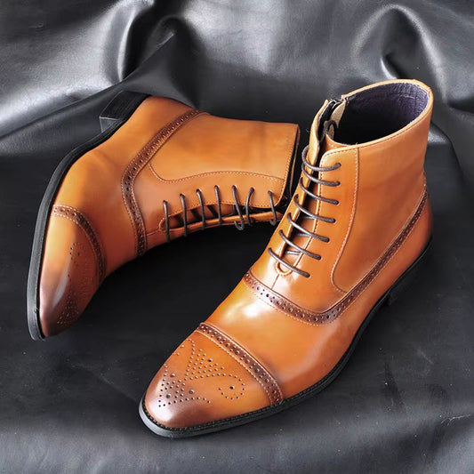 Men's classic brown leather brogue dress boots with elegant wingtip detailing, perfect for formal occasions.