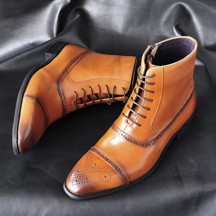 Men's classic brown leather brogue dress boots with elegant wingtip detailing, perfect for formal occasions.
