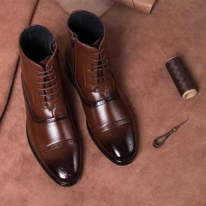 Sophisticated black lace-up brogue boots for men, featuring a stylish cap toe design and sturdy sole.