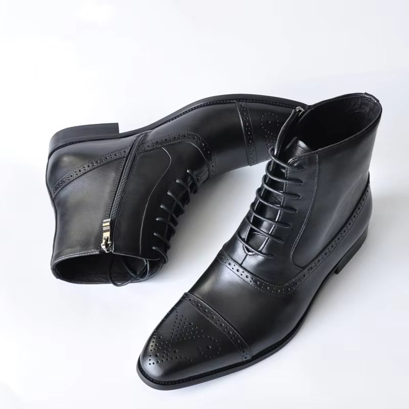 Side view of men's sleek brown brogue dress boots with traditional lace-up closure, perfect for sophisticated style.