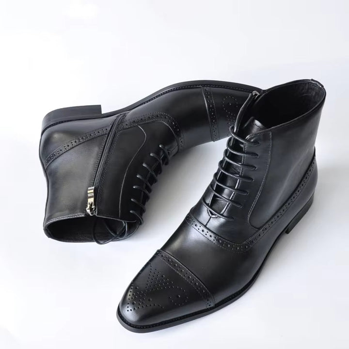 Side view of men's sleek brown brogue dress boots with traditional lace-up closure, perfect for sophisticated style.