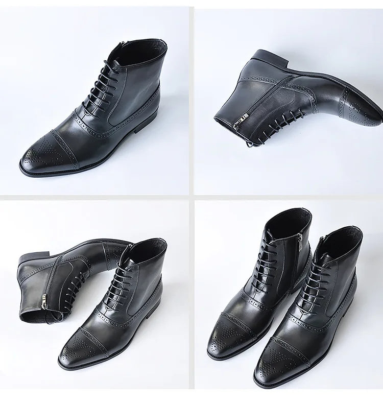 Classic black men's brogue boots with timeless design, suitable for formal wear, business and evening events.