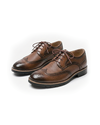 Men's classic brown leather brogue dress shoes, polished finish, formal business attire.