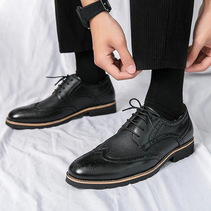 High-quality brown leather brogue shoes for men, timeless classic style, perfect for dressy & business outfits.