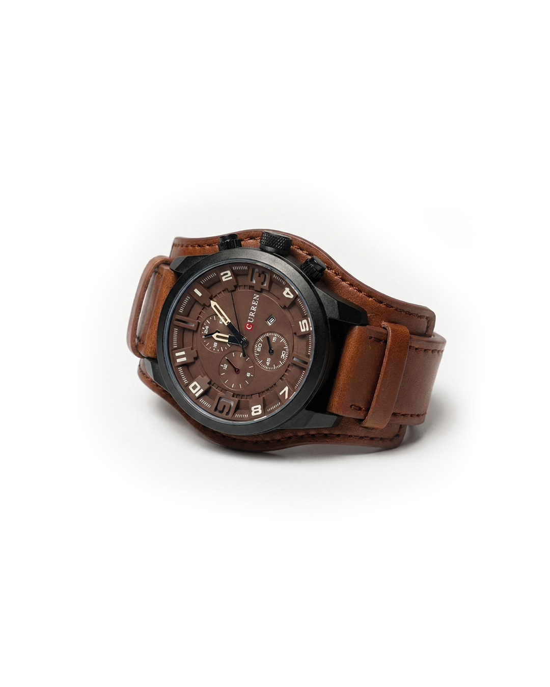 Men's classic brown leather chronograph watch with cowhide strap, analog display, durable timepiece.