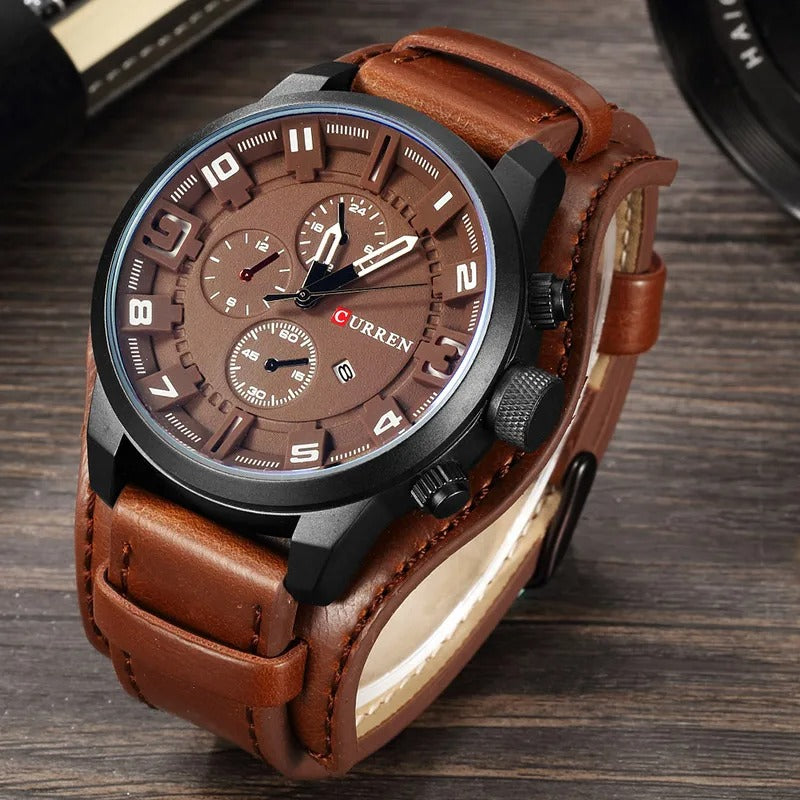 Classic men's chronograph watch featuring a genuine leather strap, scratch-resistant, great gift.