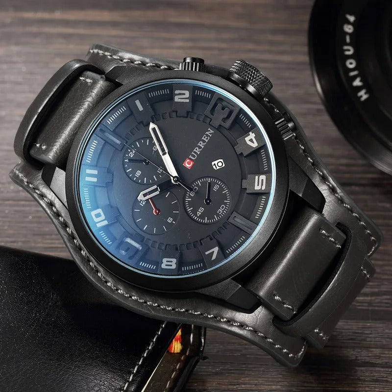 Durable men's analog watch, a classic chronograph with a genuine leather band, stylish accessory.