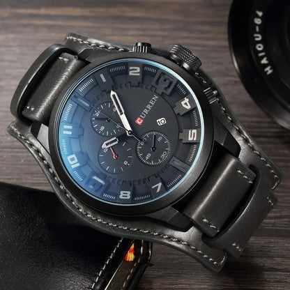 Durable men's analog watch, a classic chronograph with a genuine leather band, stylish accessory.