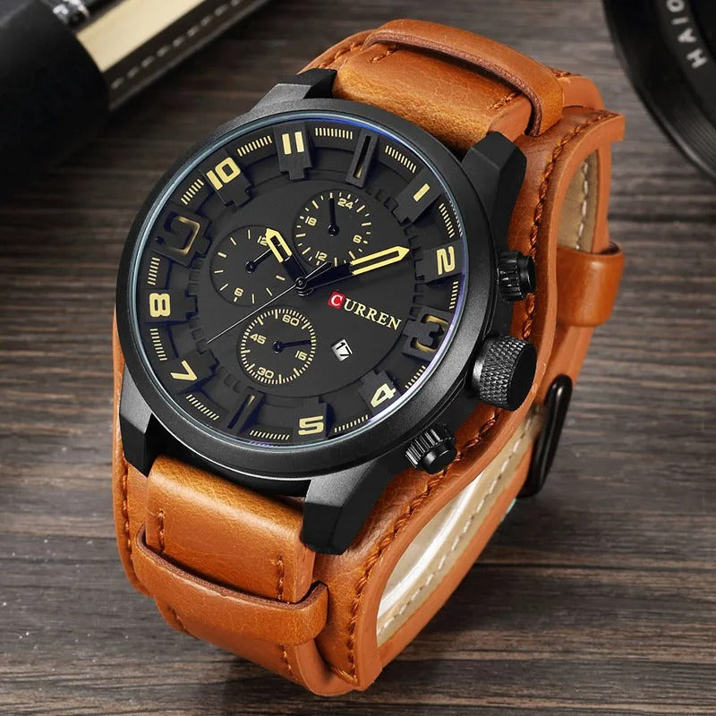 Men's vintage-style leather chronograph watch, accurate timepiece, with a scratch-resistant face.
