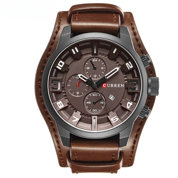 High-quality men's classic chronograph watch with a genuine cowhide leather strap, everyday wear.