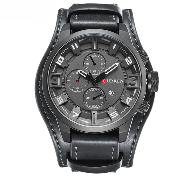 Elegant men's leather watch, a classic chronograph timepiece with analog display and durable design.
