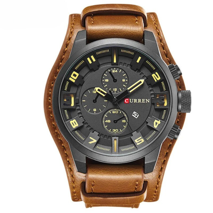 Classic men's brown leather chronograph watch, sophisticated and durable accessory, ideal for him.