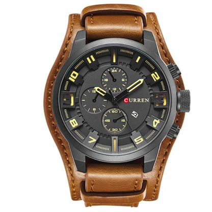 Classic men's brown leather chronograph watch, sophisticated and durable accessory, ideal for him.
