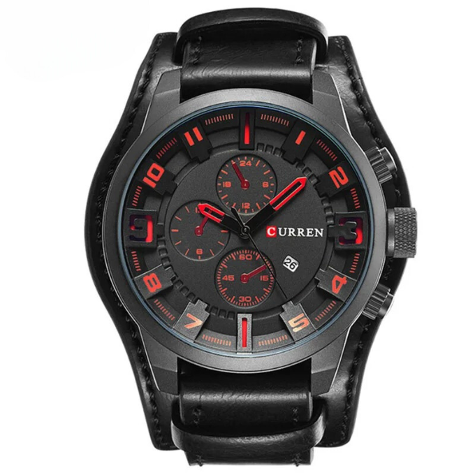 Stylish men's analog chronograph watch with a premium leather strap, perfect for any occasion.