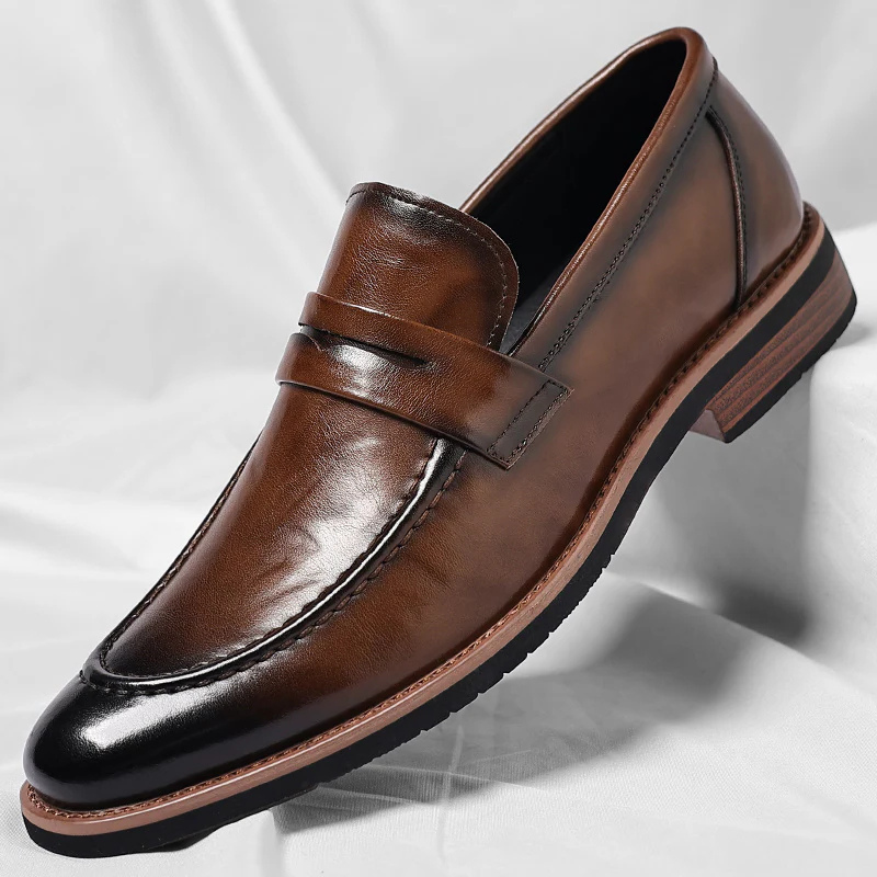 Men's classic brown leather penny loafers, comfortable slip-on dress & casual shoes for professional everyday style.