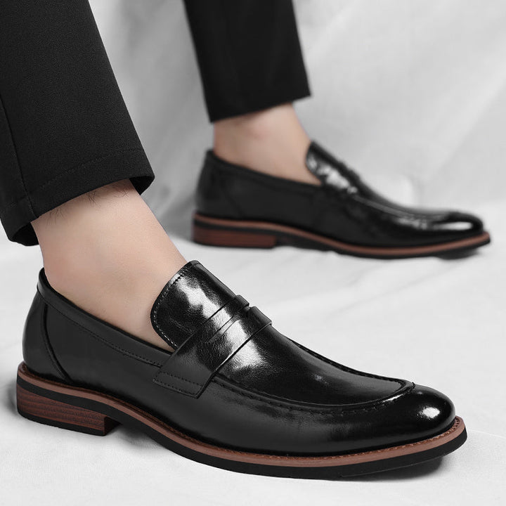 Professional men's classic leather penny loafers, elegant comfortable slip-on dress shoes for office & business.