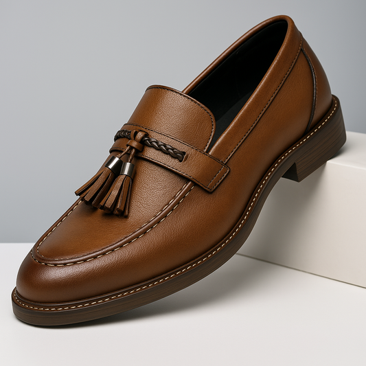 Men's classic brown leather tassel loafers, perfect for a polished, formal look.