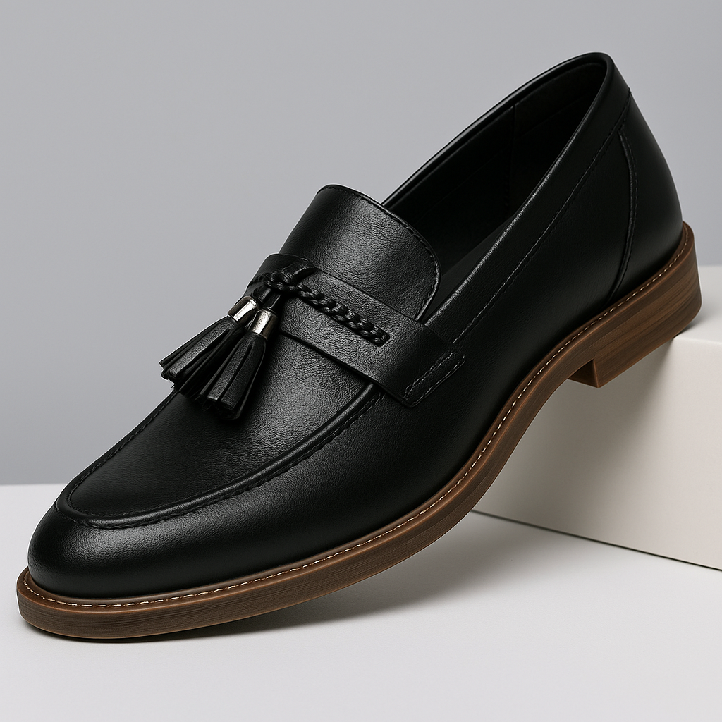 Stylish black men's loafers with tassels, offering classic comfort and versatile fashion.