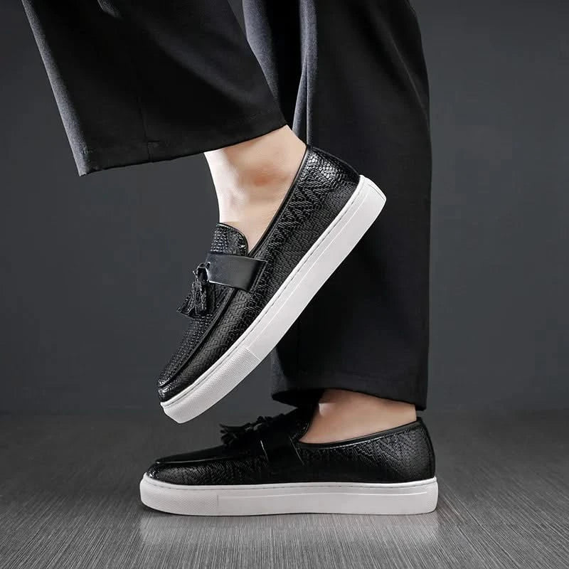 Brown leather tassel loafers, men's slip-on comfort shoes. Perfect for smart casual or office attire.