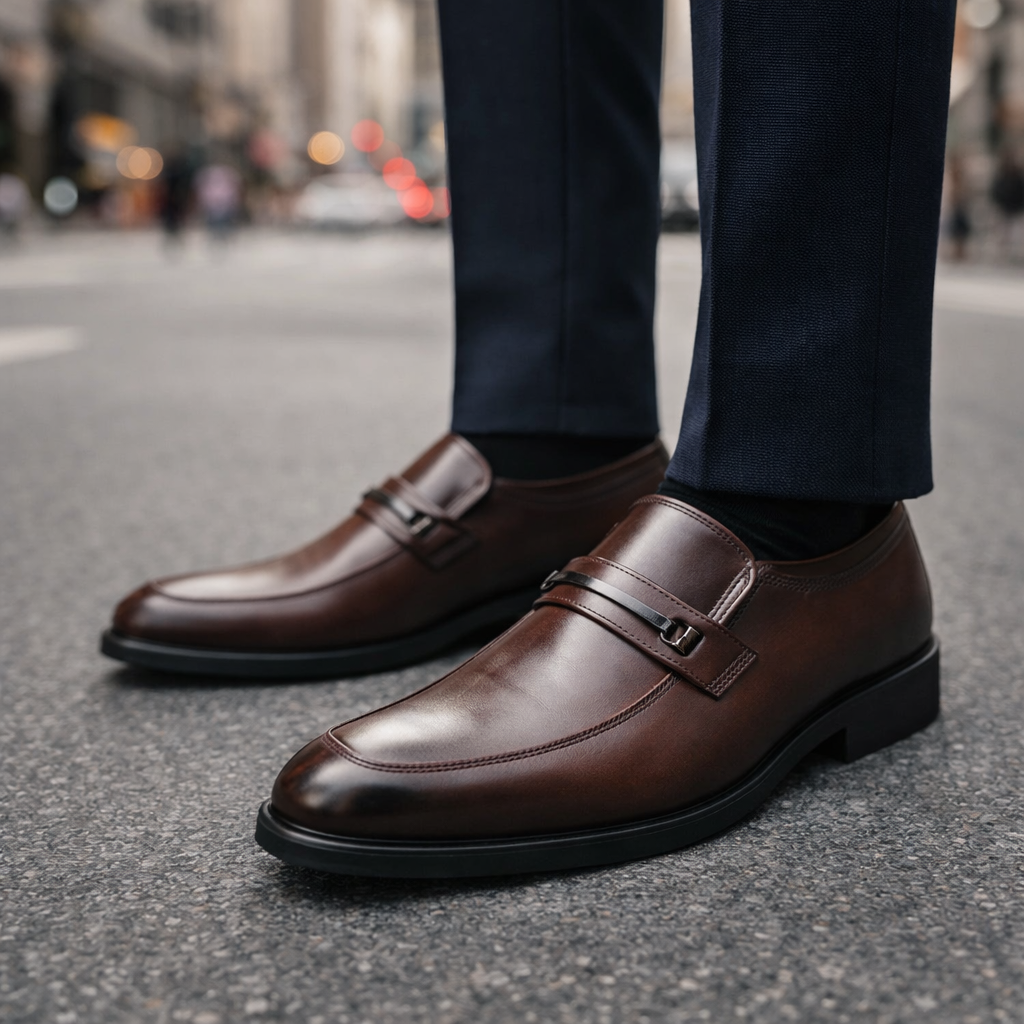 Comfortable men's classic brown loafers, featuring a sleek slip-on design for easy, versatile footwear.