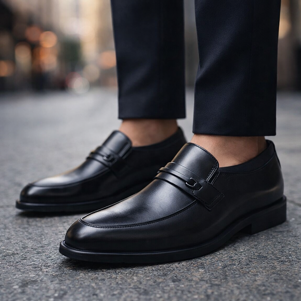 Formal black men's loafers, an easy slip-on shoe providing a polished look for various occasions.