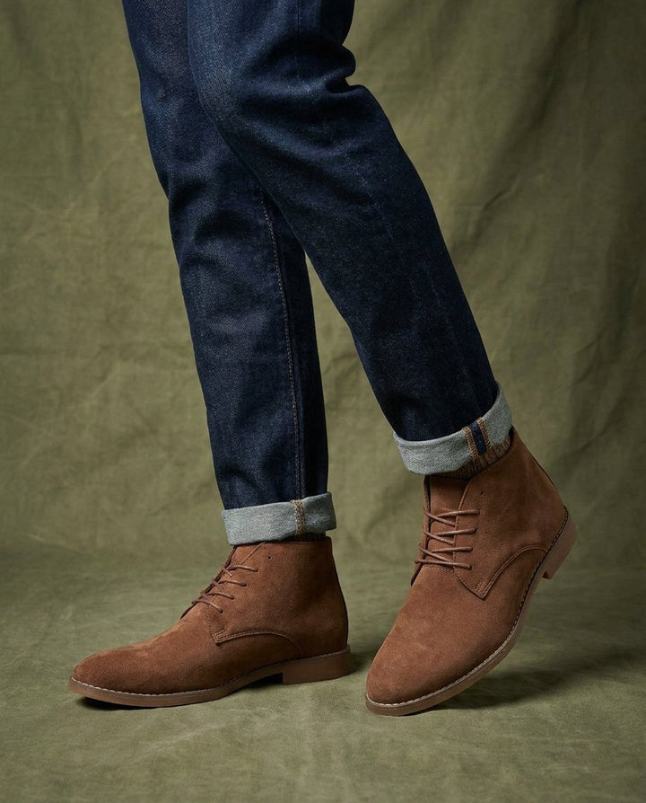 Classic men's brown suede ankle boots, featuring a durable build and comfortable design for all-day wear.