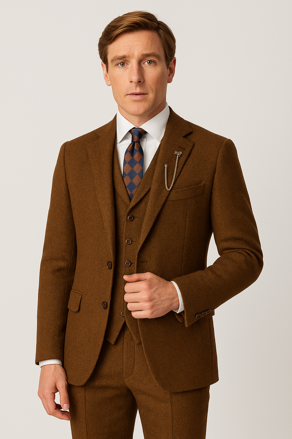 Men's classic brown three-piece suit set with tailored fit, perfect for formal events & weddings. Gentleman's style.