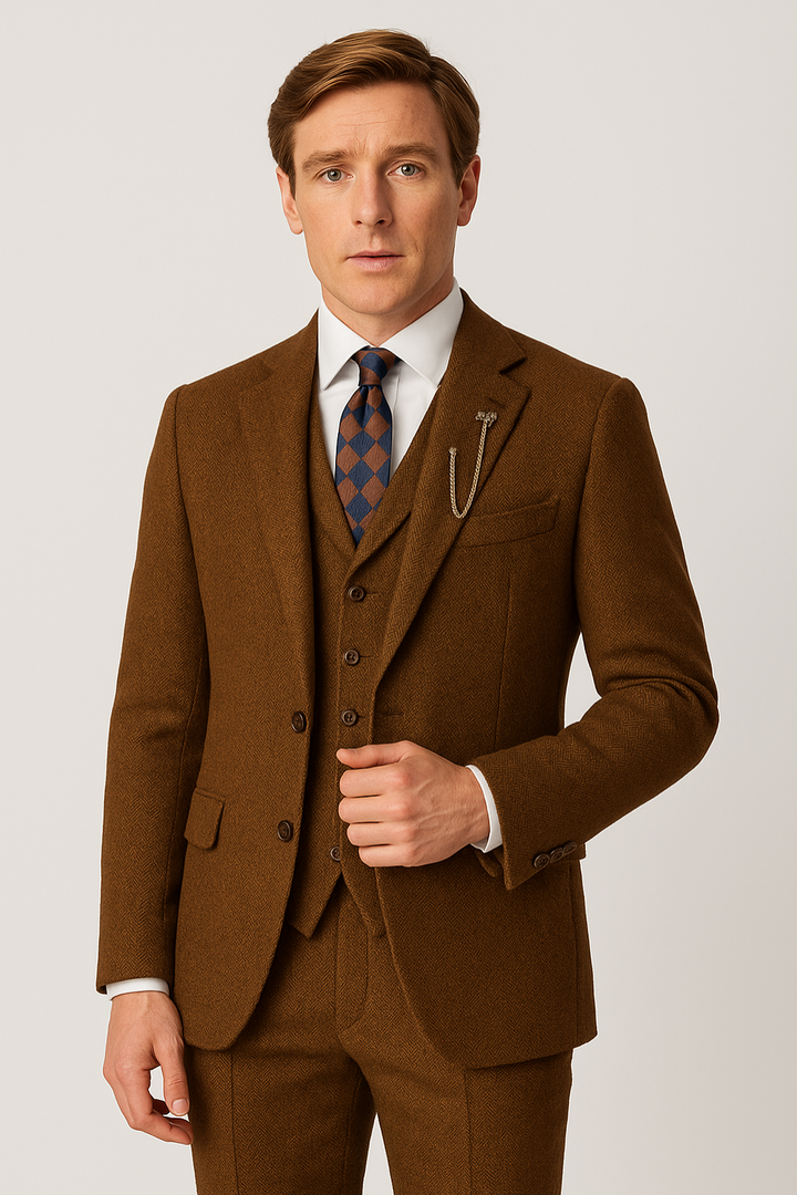 Men's classic brown three-piece suit set with tailored fit, perfect for formal events & weddings. Gentleman's style.
