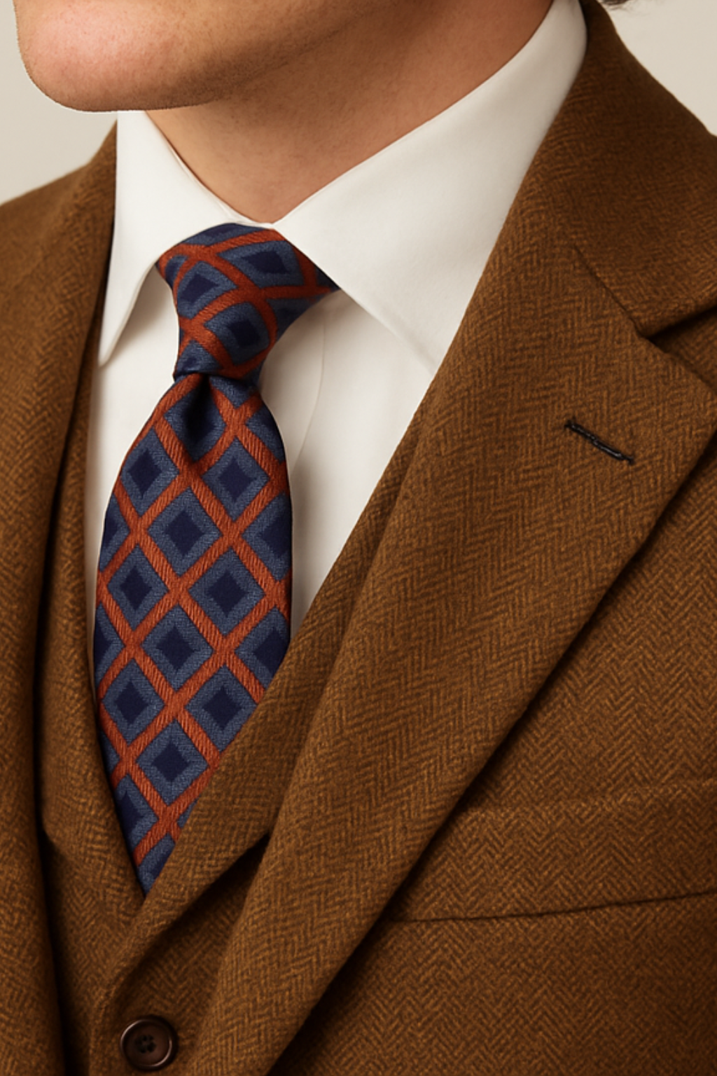 Elegant men's brown formal suit, tailored for weddings & special events. Classic three-piece gentleman's attire.