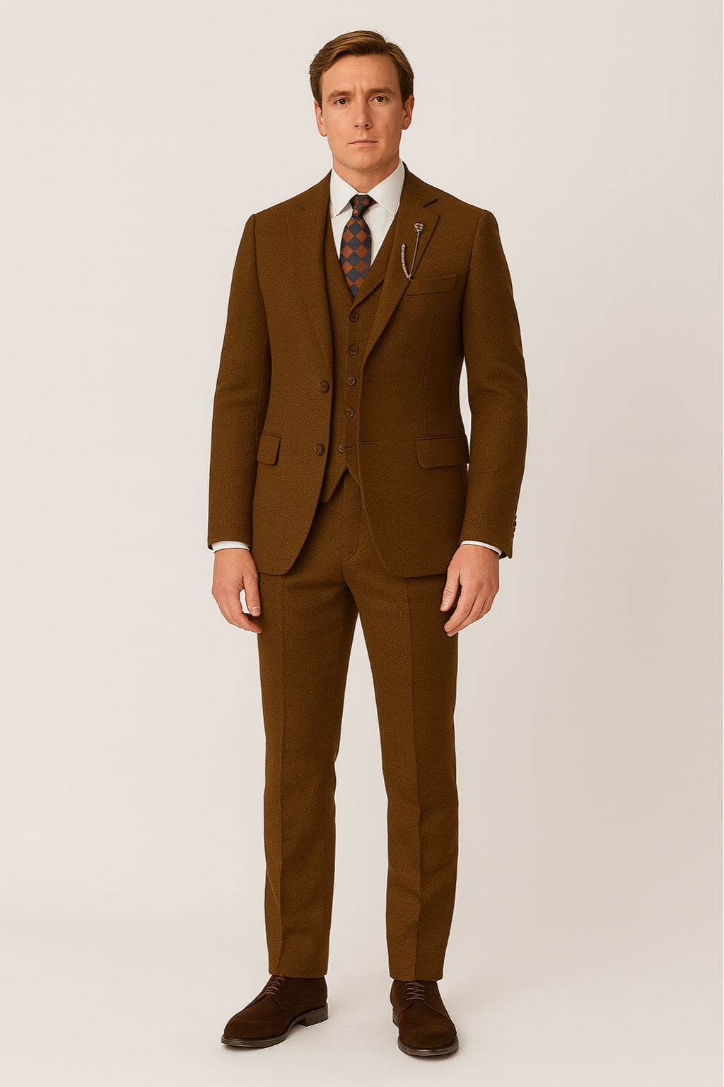Brown tweed style men's suit, featuring a three-piece set for classic formal elegance. Ideal for wedding & office.