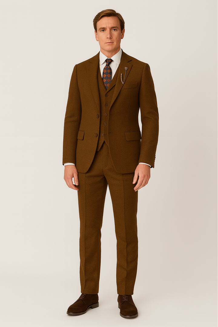 Brown tweed style men's suit, featuring a three-piece set for classic formal elegance. Ideal for wedding & office.