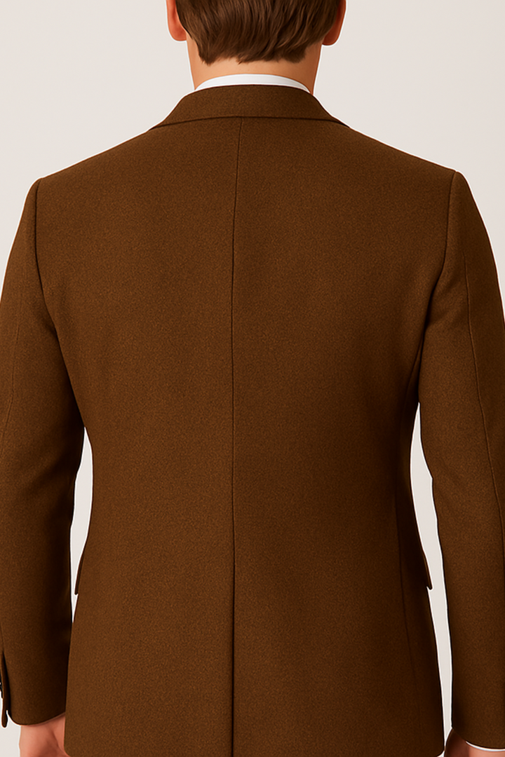 Tailored men's brown suit set, classic three-piece design for formal wear, business, or elegant wedding attire.